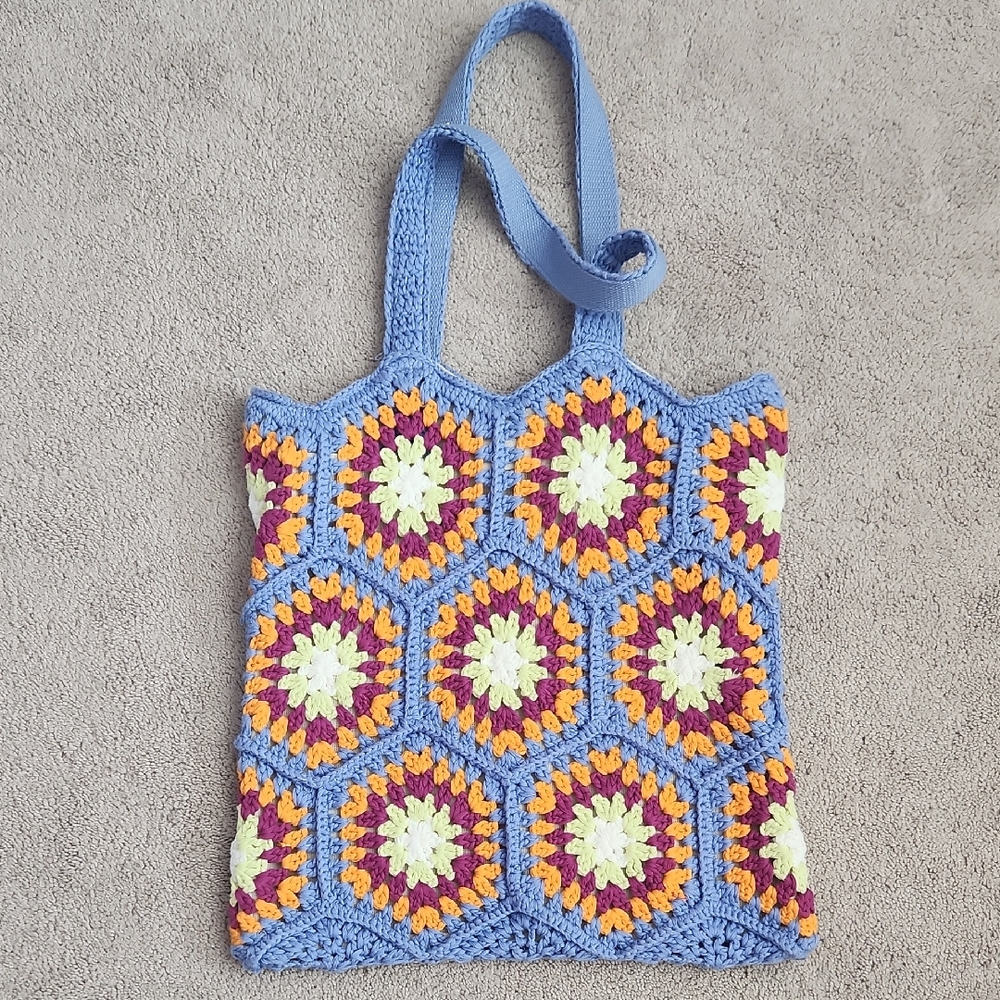 Pull & Bear Crochet Multicolour Pattern Granny Sqare Tote Bag